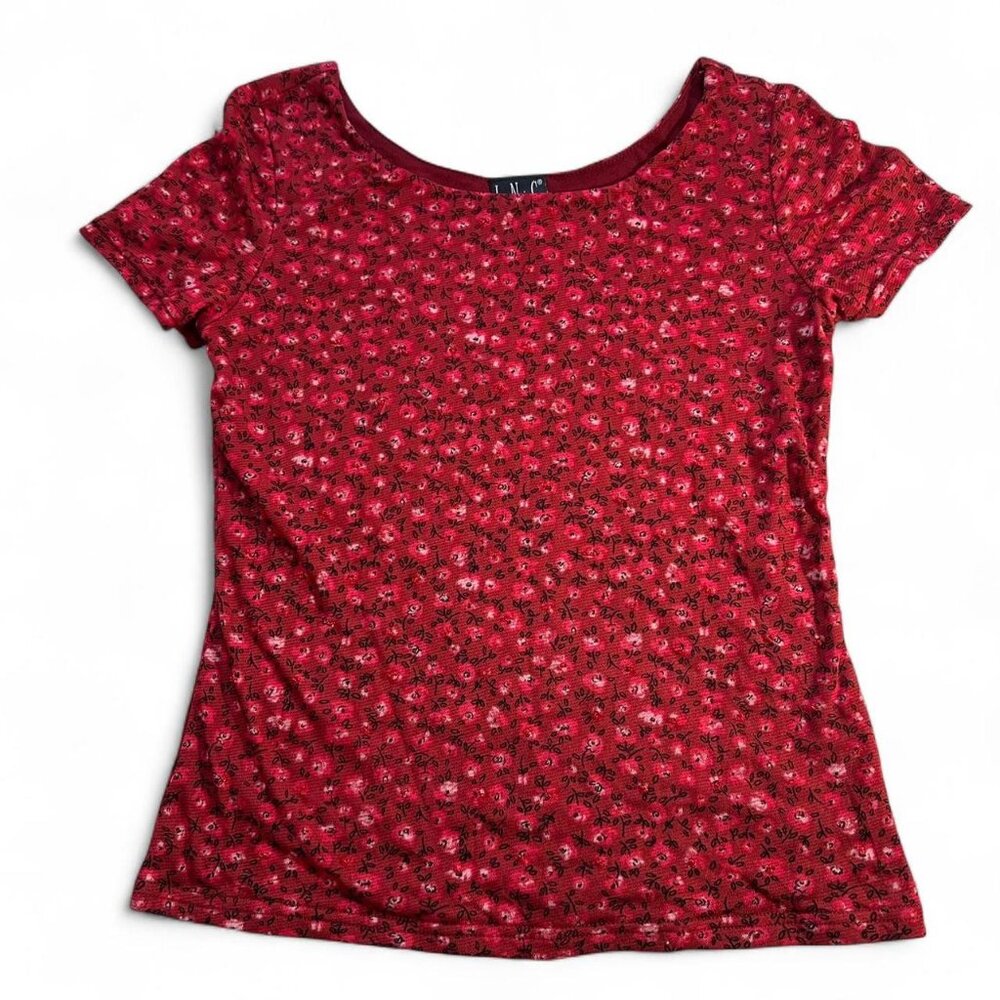 Vintage red floral and beaded mesh baby tee